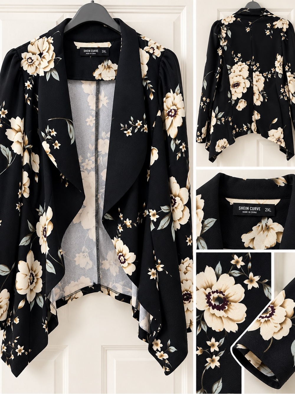 SHEIN Black Floral Waterfall Draped Blazer